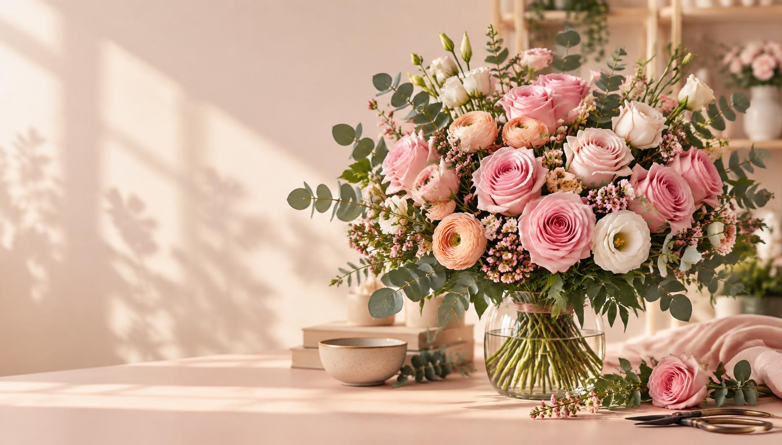 Buquê delicado de rosas e flores frescas
